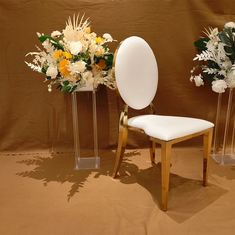 Hotel Banquet Wedding Events Party Round Oval Back Gold Metal Stainless Steel Stackable White Wedding Chairs