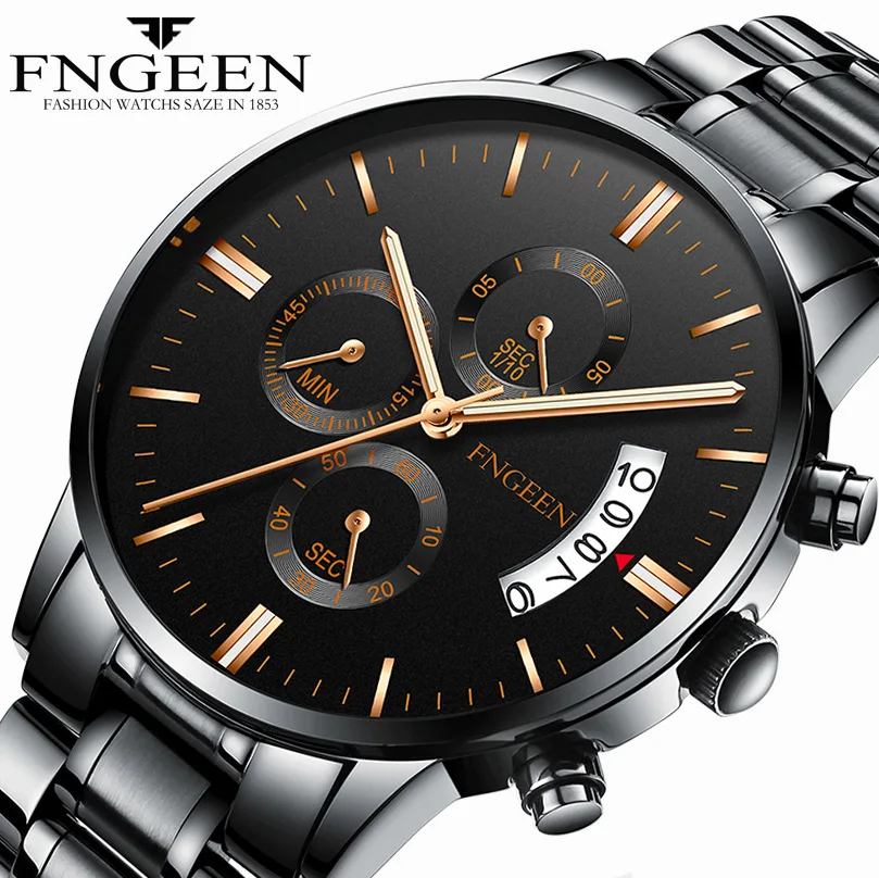 Top Brand Fashion FNGEEN Simple Quartz Stainless Steel Calendar Sport Minimalist Luminous Leather Men Wrist Watch