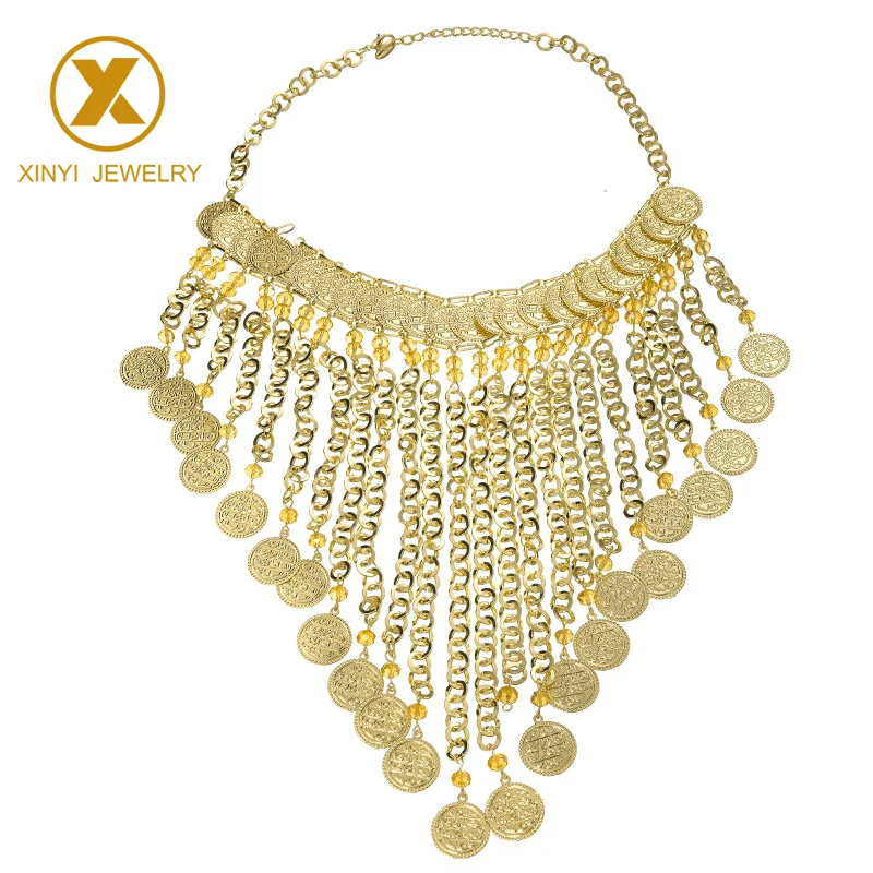 Classic Arabic character coin necklace with gold zinc alloy made for ladies custom champagne bead jewelry