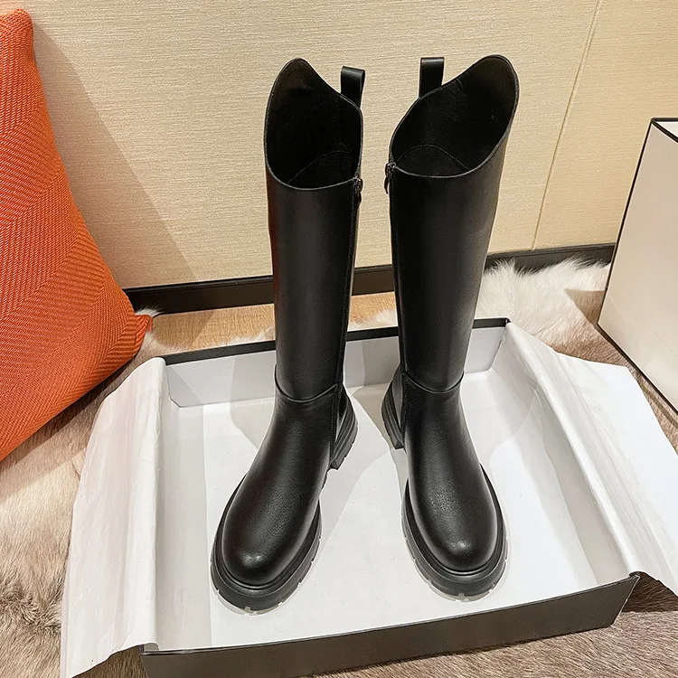 Новинка Осень-зима 2021 кожаные сапоги Детские коричневые дымчатые сапоги до колена с боковой молнией и круглым носком