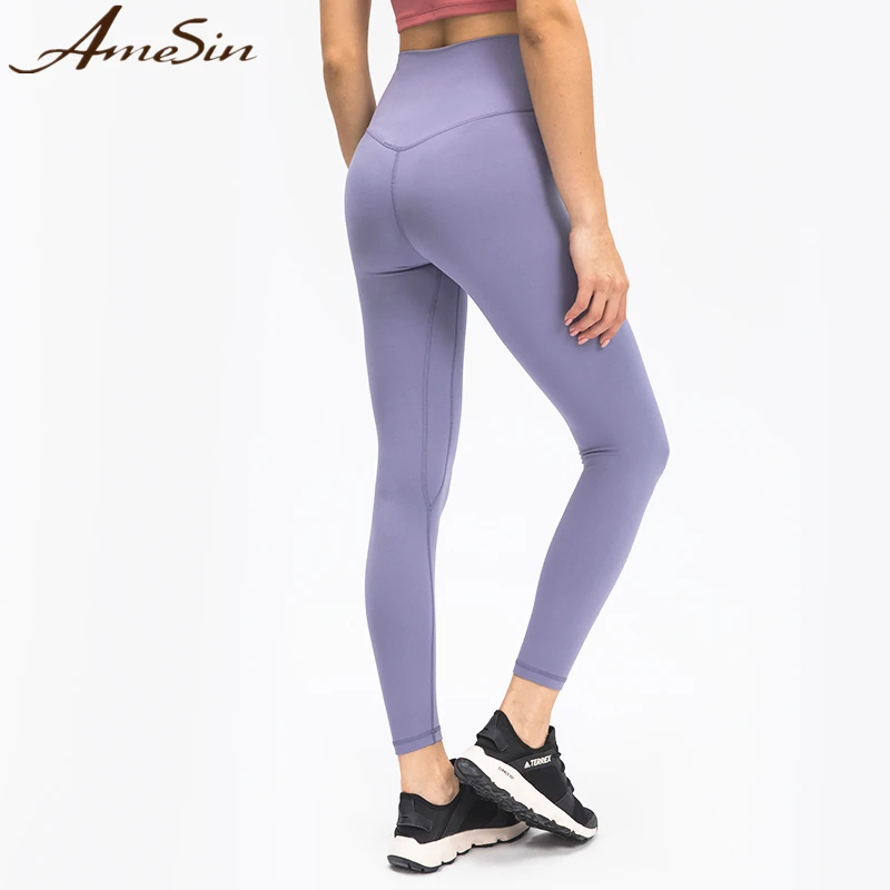 AmeSin Custom Logo Lulu Fabric Buttery Soft High Waist Yoga Leggings Y Cut Waist High ElasticIty Fitness Yoga Pants