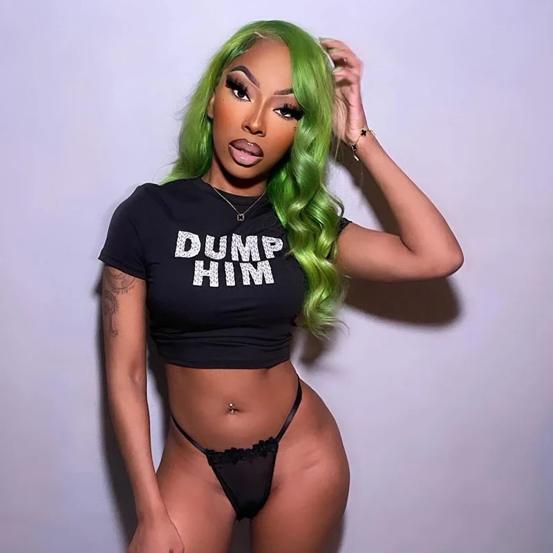 Bomblook E24TP041 2024 Summer Crew Neck Letter Dump Print T Shirt Crop Top Women Tees Ladies Casual Short Sleeve Baby Tees