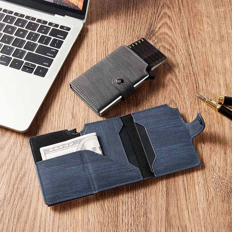 Yamo Hot Sell Pu Leather Holder Card Aluminum Pop Up Rfid Wallet Metal Card Holder