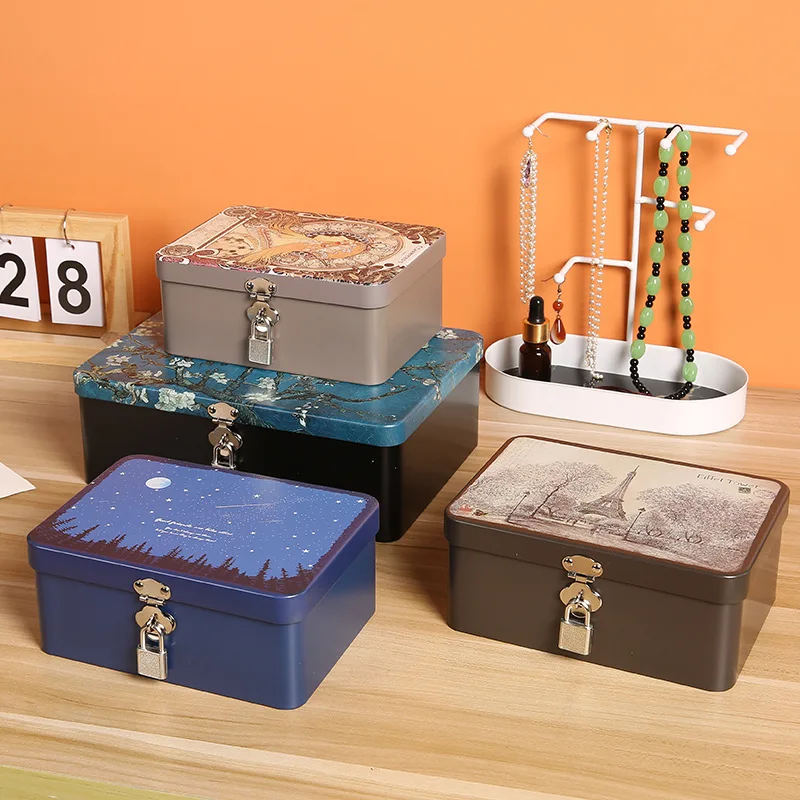Retro Color Box With Lock And Key Metal Iron Desktop Storage Box Cosmetic Card Jewelry Home Desktop Drawer Small Box With Lid