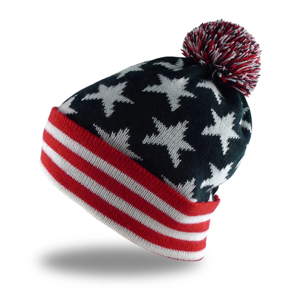 Wholesale Outdoor Winter Knitted Sports Beanies Pom Pom Custom Toque Hat Unisex Logo Cuff Warm Beanie