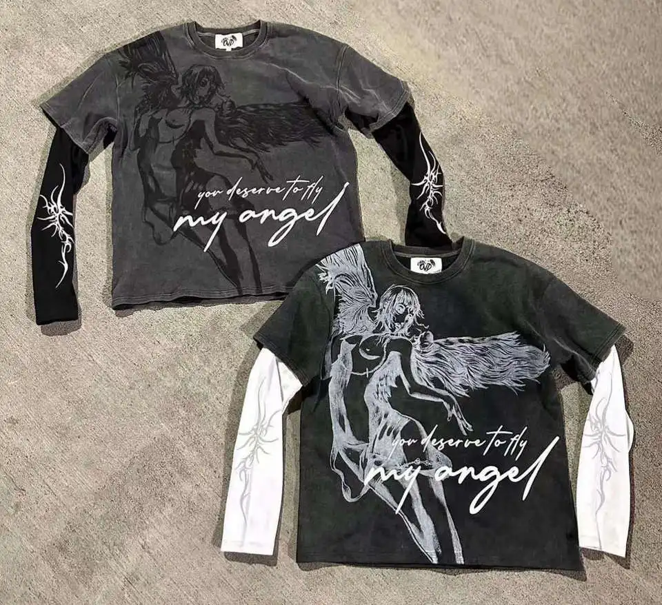 Vintage Acid Wash Tshirt Oversized 100% Cotton Screen Print Patchwork Tee Double Layered Long Sleeve DTG Print T Shirts For Men