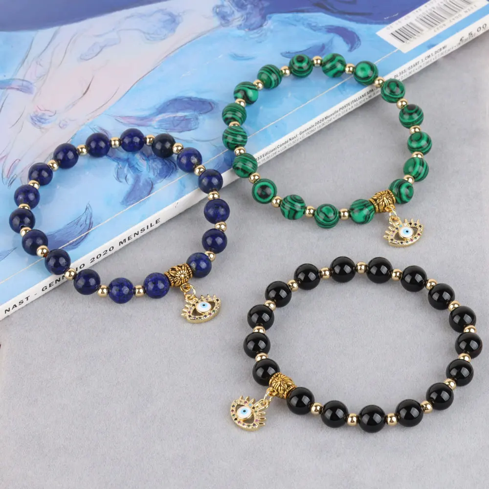 19cm Natural Stone Micro Paved Copper Eye Charms Gift Bracelet