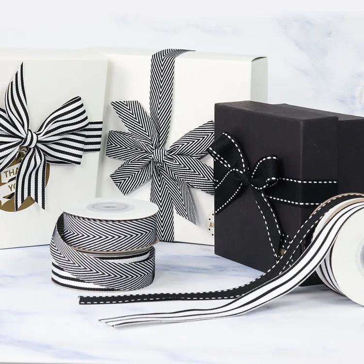 Factory custom multi colors 1 inch Black and White Striped Grosgrain Ribbon for gift box decoration