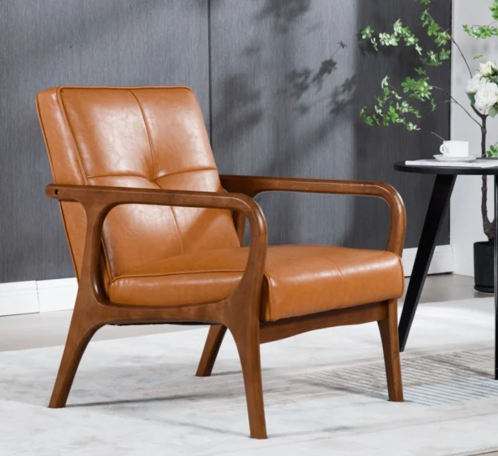 Fabricntury Japandi Accent Armchair, Metale Reading Armchair PU Leather Lounge Chair Arms Home Furniture with Walnut Wooden