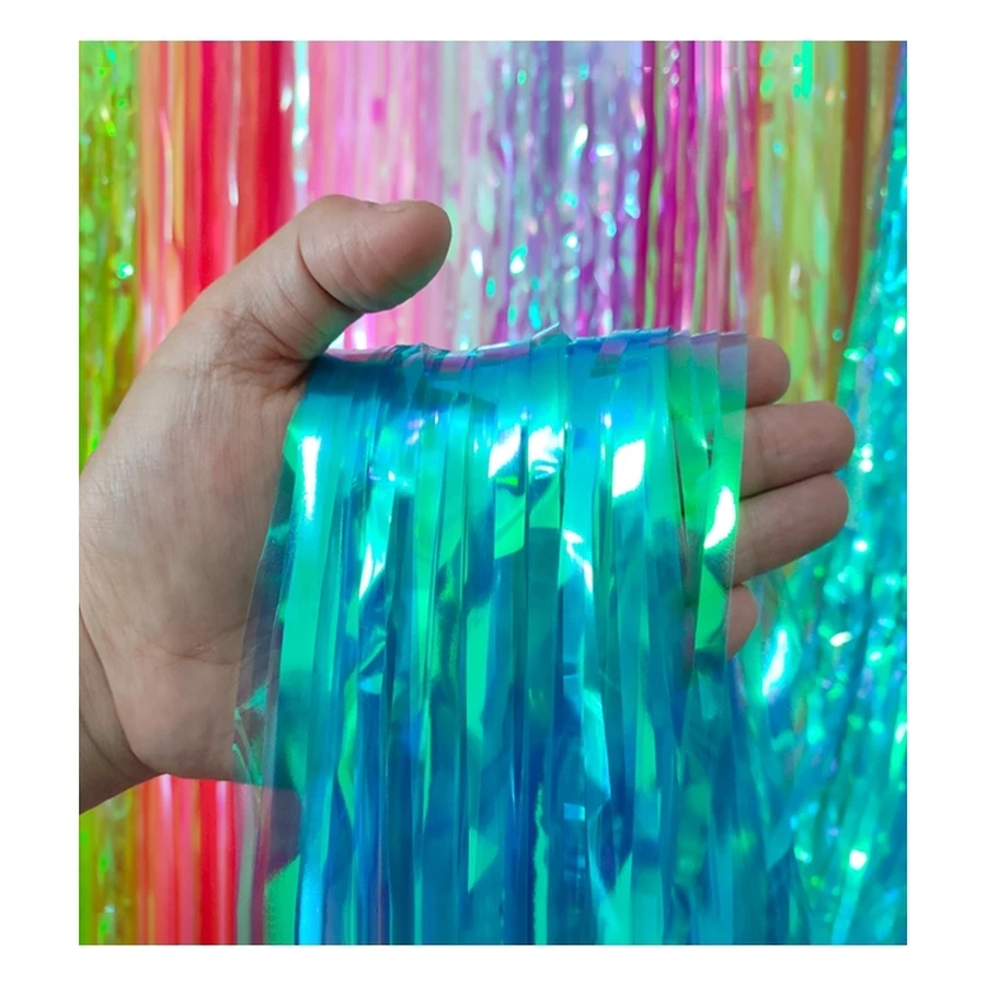 High quality PET material iridescent foil fringe curtain for photo background wall decoration cortina de tiras para fiesta