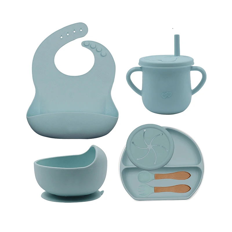 Safe Silicone Feeding Tools Infant BPA Free Food Grade Silicone Suction Baby Feeding Tableware Plate Bowl with Spoon