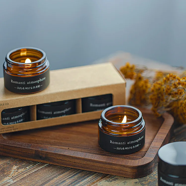Aroma Home Christmas Widely Used Brown Color Soy Wax 25g Glass Jar Scented Candle With 3pcs Box
