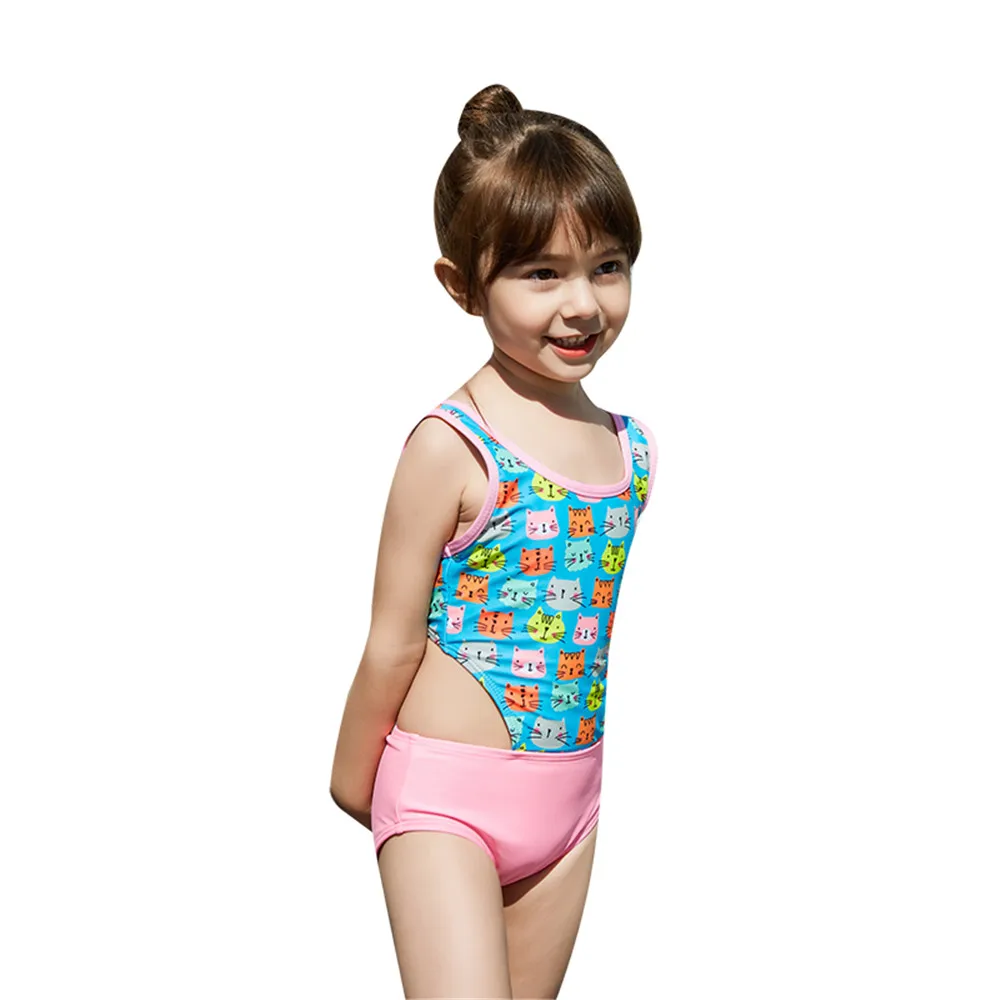 Kids swimwear cartoon cat cute print girls swimsuit kawaii one piece beachwear bathing suit high cut monokini for children