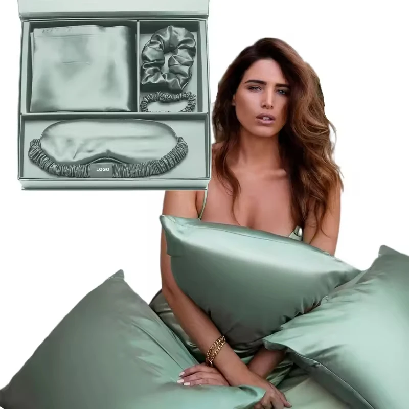 Custom logo ivory pure silk pillowcase scrunchie box hair tie luxury sleep eye mask 100% mulberry silk pillow case set