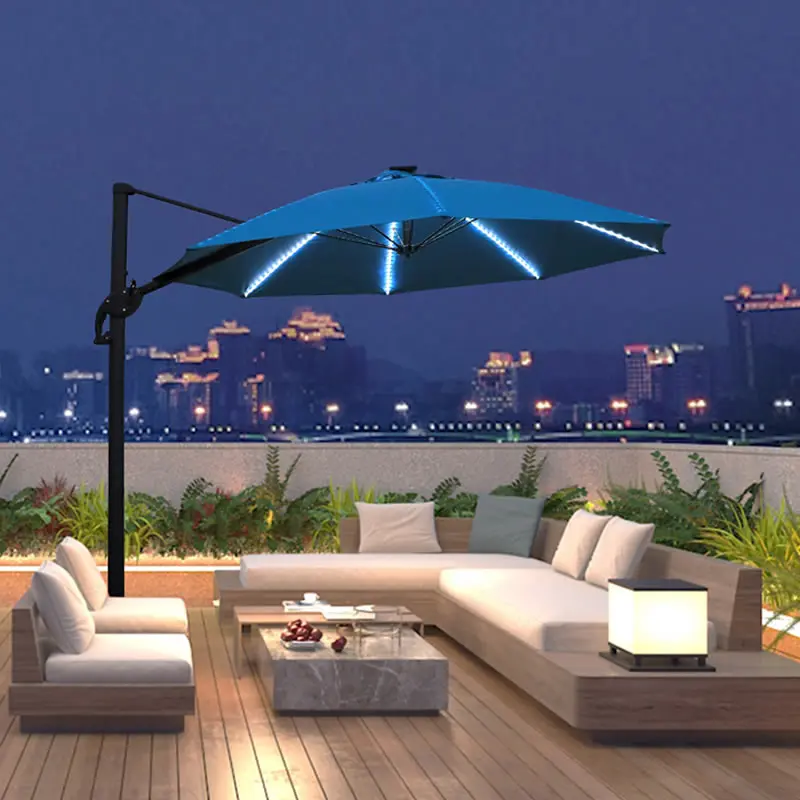 Outdoor Garden LED Lighted Solar Powered Table Umbrella 3m Radii Waterproof Aluminum Frame Beach Market Umbrella Tilt Patio Base