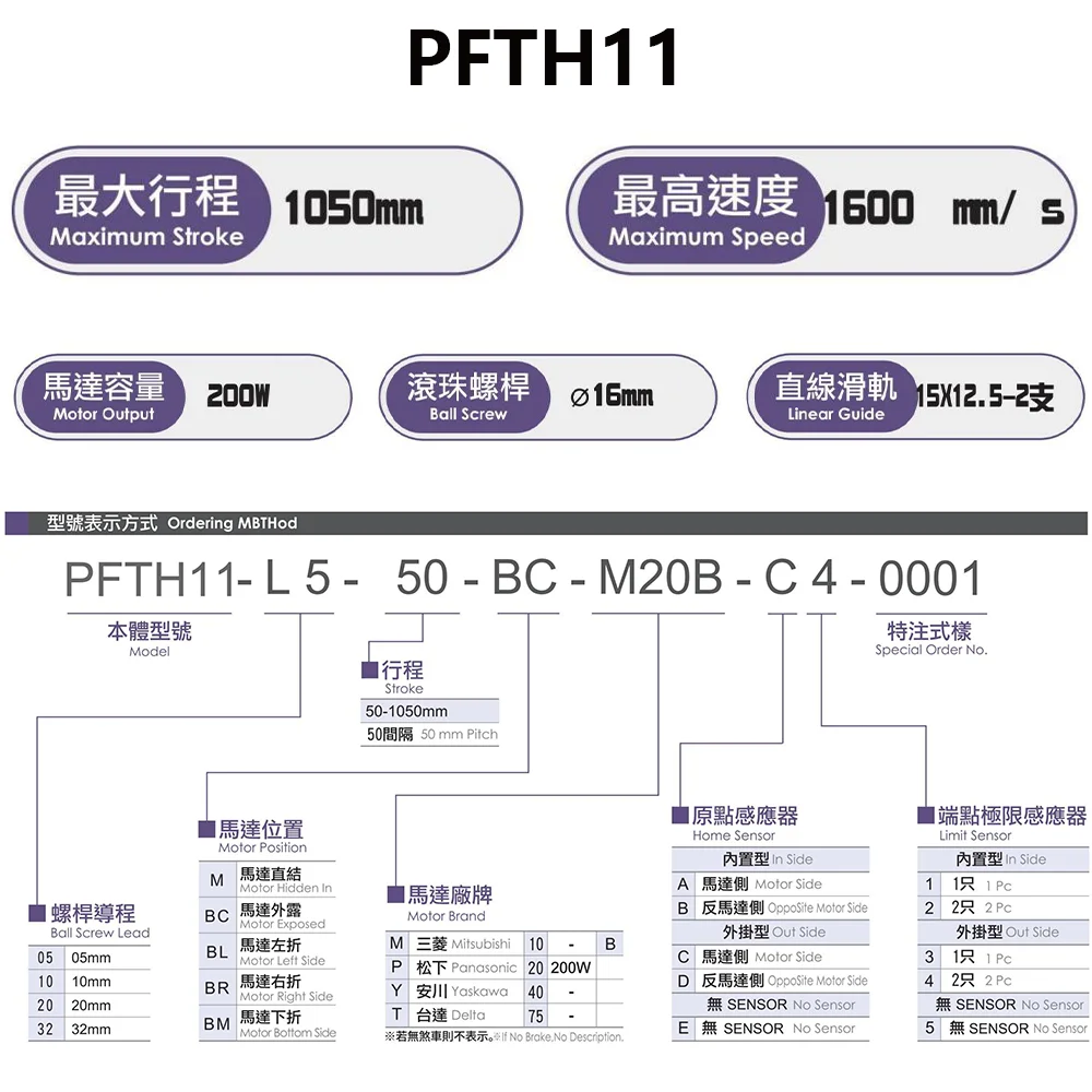 PFTH11 200W 250-1600mm/s 1-axis Ball Screw Drive slides module Automation CNC Electric Linear Motion Rail Stage Actuator