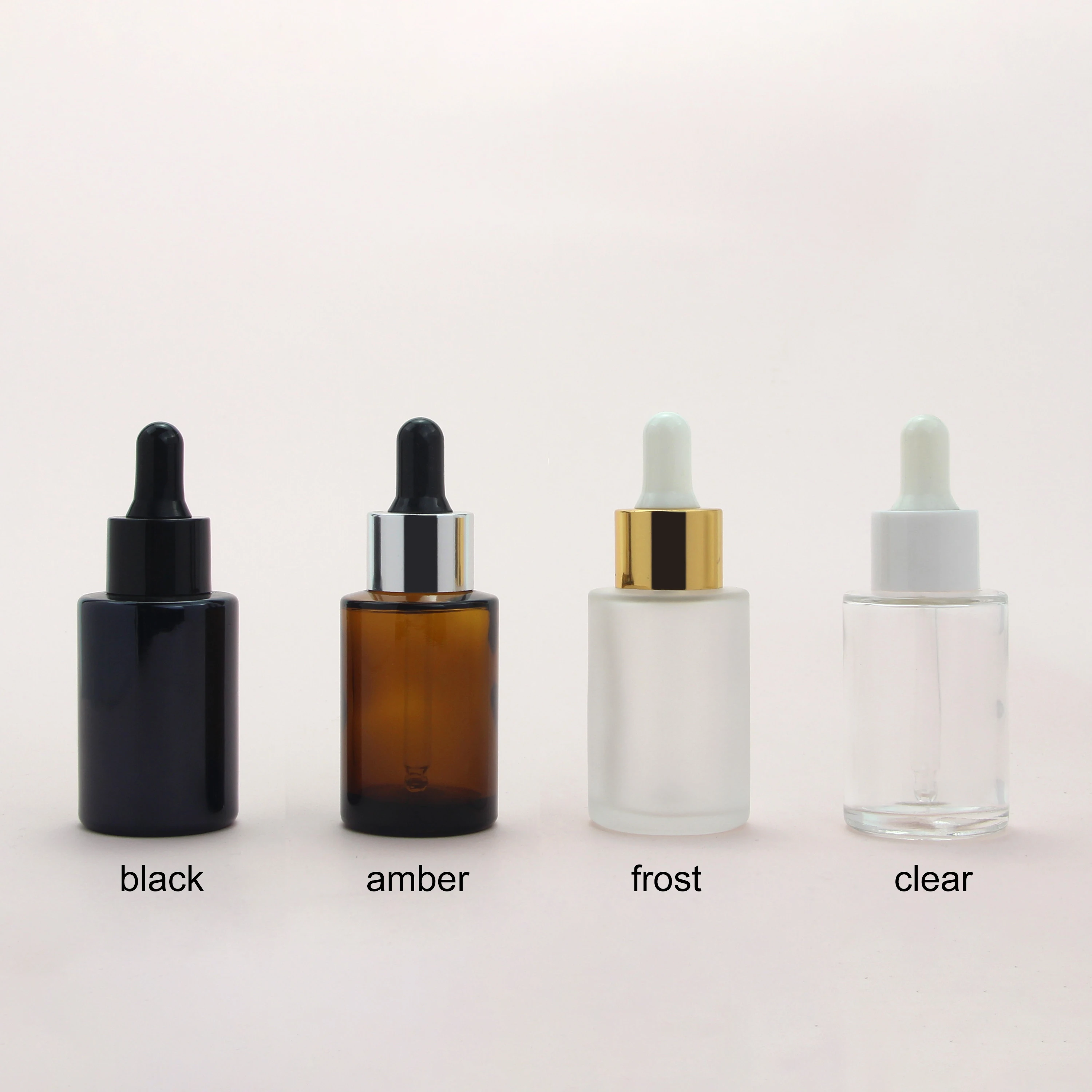 Wholesale 30ml 1oz Face Serum Oil Bottles Clear Frosted Amber Black Flat Shoulder Glass Dropper Bottle
