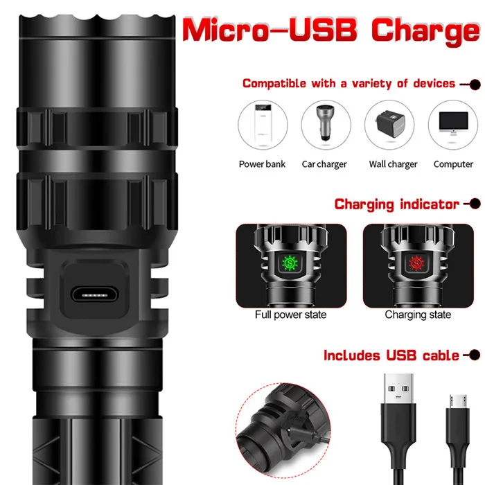 Мощный тактический фонарик L2 с переключателем давления охотничий USB-зарядкой светодиодный