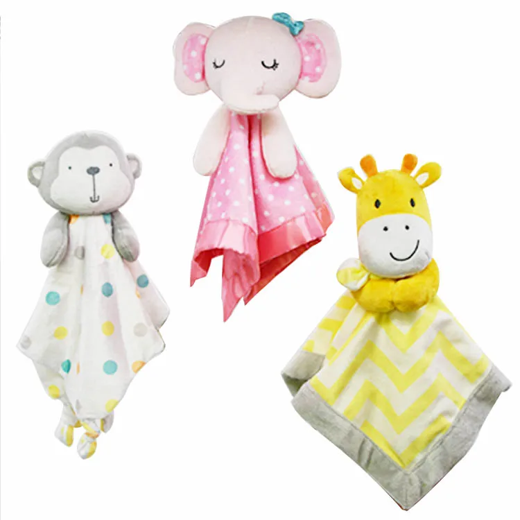 Factory Wholesale Custom Design Animal Cartoon Head Plush Soothing Security Blanket Baby Comforter Blanket Super Soft