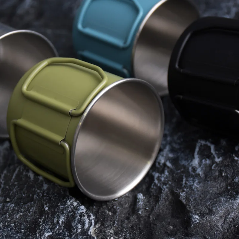 300ml Stainless Steel Cup Portable Carabiner Outdoor Folding Camping Cups Mugs for Home Outdoor Camping Hiking Bottle Cups