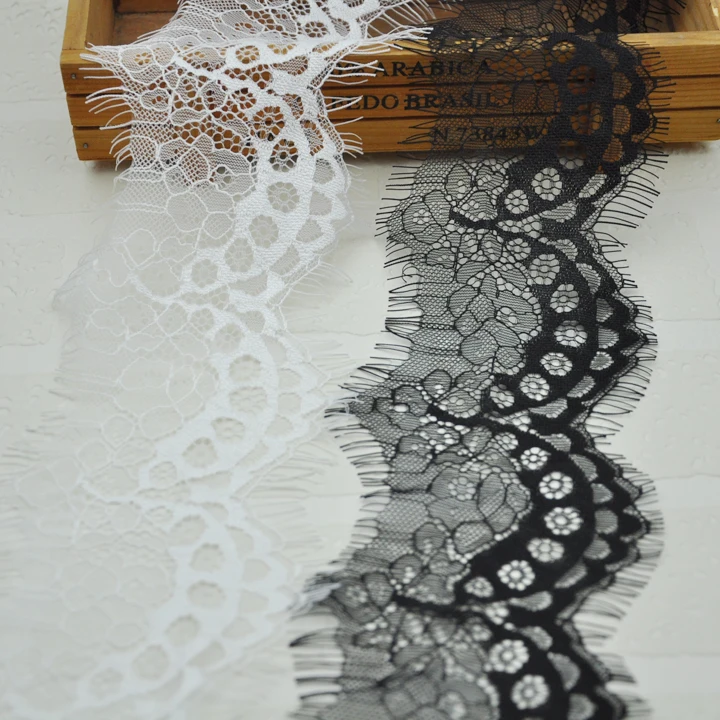 Franch Black Chantilly Eyelash Trim Scalloped Edge flower Ribbon Lace Edging 10cm Wide for lingerie Head Veil Prom WLCD-014