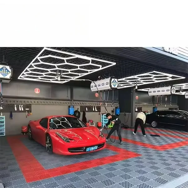Car workshop led lights auto detailing hanging connectors for hexagon shape grid systems shop office club honeycomb wall light