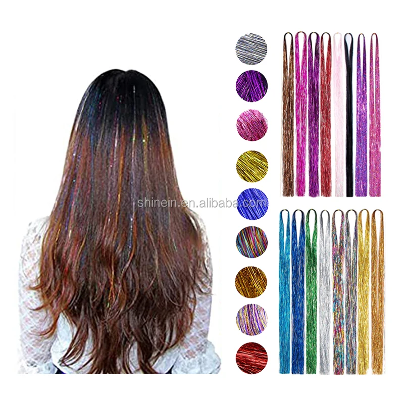 Shinein 150 Strands Straight 37' Metallic Glitter Tinsel Hair Extensions Laser Hair Tinsel Strands for Women