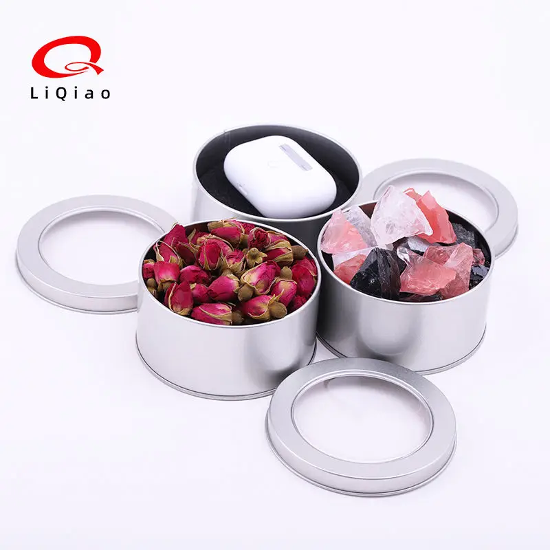 Factory Wholesale Customizable Tea Jar Clear PVC Window Silver Metal Round Can Cookie Package Luxury Printed Empty Tin Box