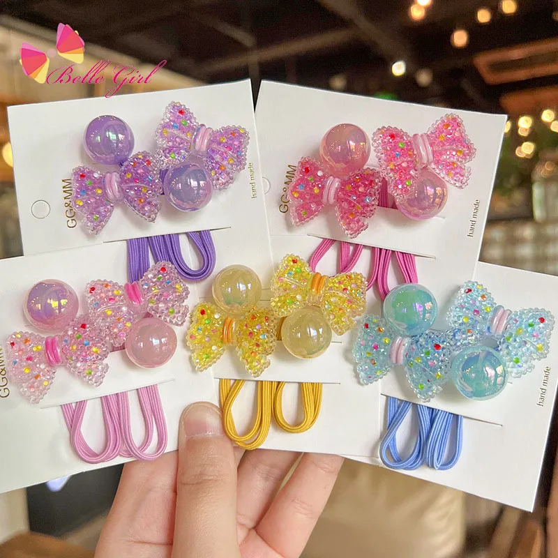 BELLEWORLD high quality seamless ponytail holders 2pcs one card glitter colorful butterfly bow beads for hair pony beads