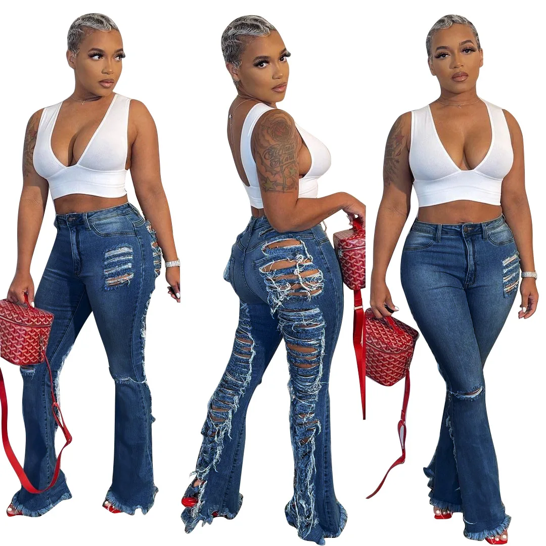 Wholesale Manufacture Woman Boyfriend Denim Pants hole tassel flare Women Jeans