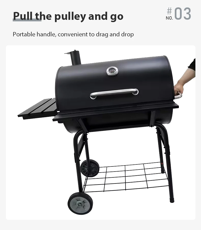 6-10 People Black Powder Coated Outdoor Barbecue Barrel Grills Offset Smoker Charcoal BBQ Grill For Barbeque Trolley BBQ Grill