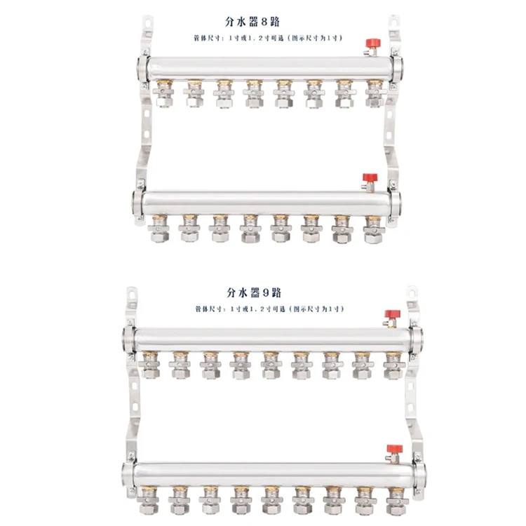 SANIPRO OEM ODM 2 to 12 Ports Stainless Steel Water Separator Radiant Underfloor Heating Water Distribution Manifold Set