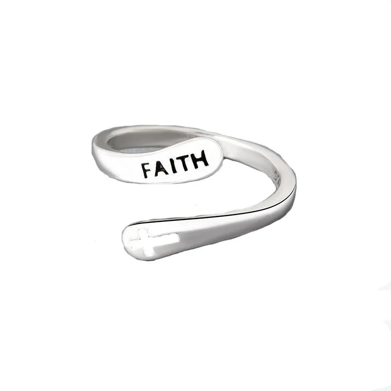 Vintage Hollowed out cross FAITH lettering double layer fashion personality ins tide cold wind open ring