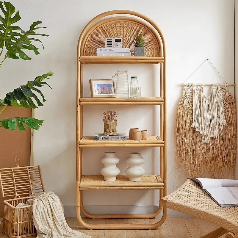 Modern simple household floor type multi-layer book storage rack rattan woven multi-purpose storage rack