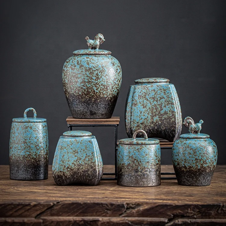 Retro Kiln Glazed Ceramic Storage Jar Rustic Airtight Canister for Tea Coffee Bean Chilli Paste