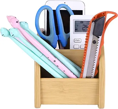 3-Compartment Office Desk Organizer Desk Organizer Bamboo Wood Phone Holder