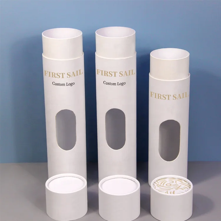 Wholesale eco friendly custom round shape white card paper packing gift box scarf clothing packaging tube with cut window