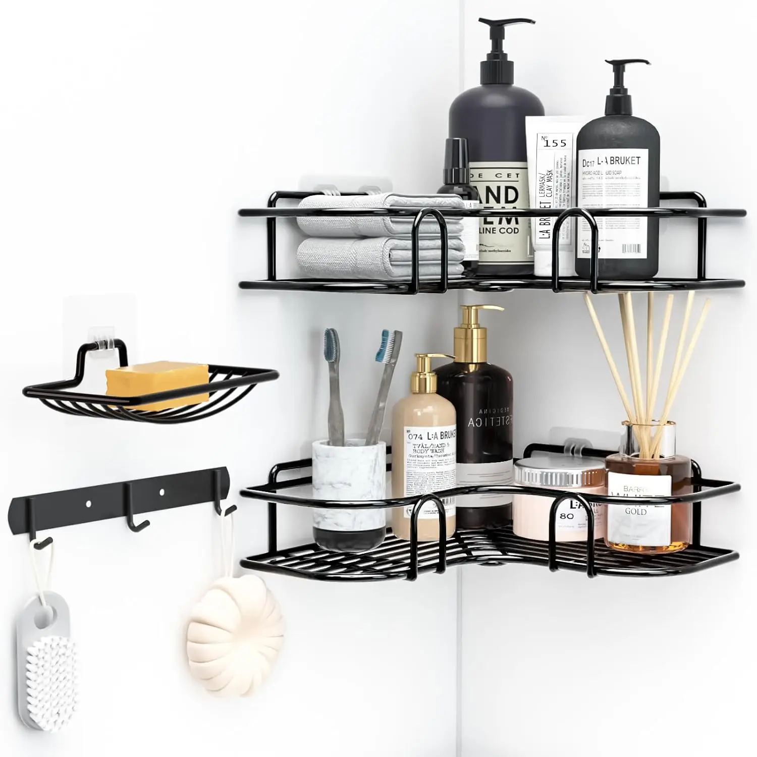 CF BS05 Corner Shower Caddy, 4-Pack Shower Caddy with Soap Holder and 7 Hooks, Rustproof Stainless Steel Bathroom Shower Caddy