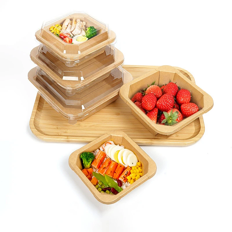 Wholesale Popular Disposable Octagon Shape Takeaway Food Paper Tray Square Paper Salad Bowls with Lids