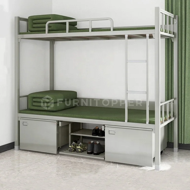 Modern Bedroom Furniture Iron Steel Double Layer Bed Metal Bunk Bed with Bottom Storage Cabinet