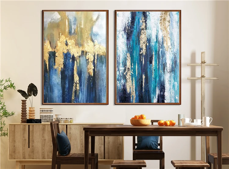 
100% handpainted abstract modern oil painting on canvas grey blue gold foil artwork wall art for home hotel decora wholesaler 