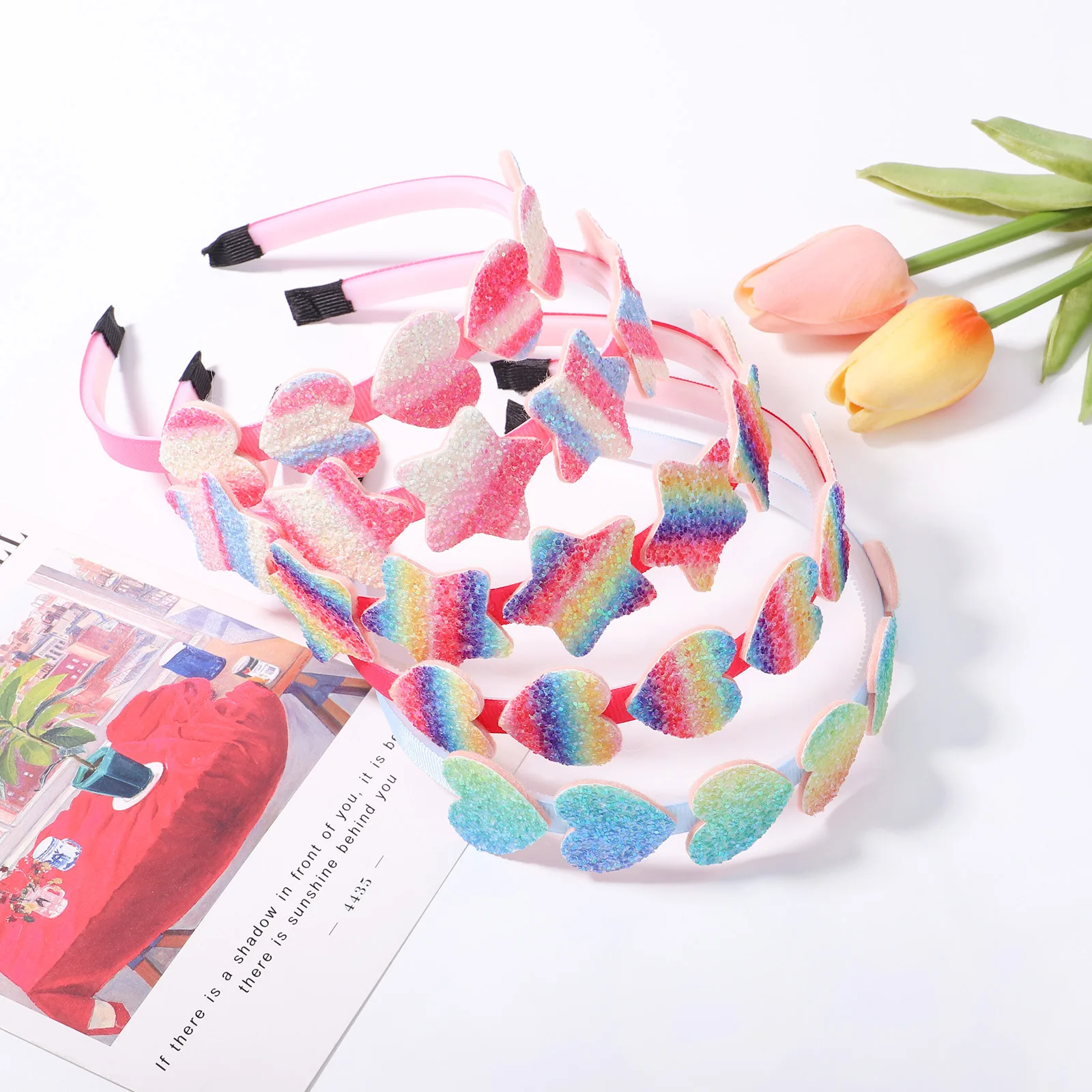 Hot Selling Colourful Heart Star Kids Headband Sequin Glitter Rainbow Color Hair Bands For Girl Accessories