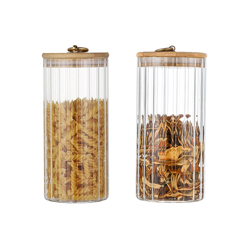 2022 New Design Premium Charm Ripple Food Storage Glass Jar Canister with Bamboo Lid and Copper Ring Lifting