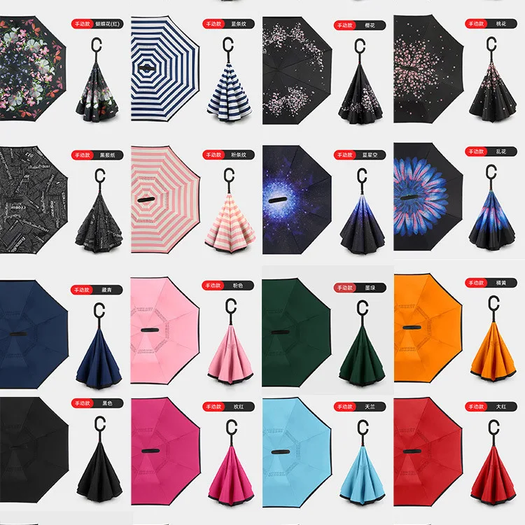 Custom  logo prints  Double Layer Windproof C Shape Handle  Hands Free Upside Down Reverse Umbrella Reverse Umbrella