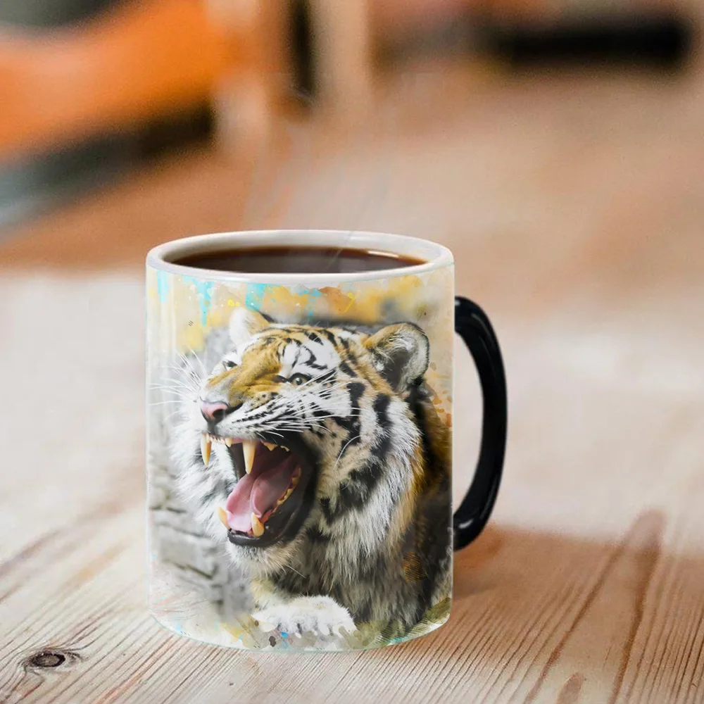 Sublimation Wholesale custom ceramic stoneware 3D tiger lion leopard animal personalized cup color changing ceramic coffee mug