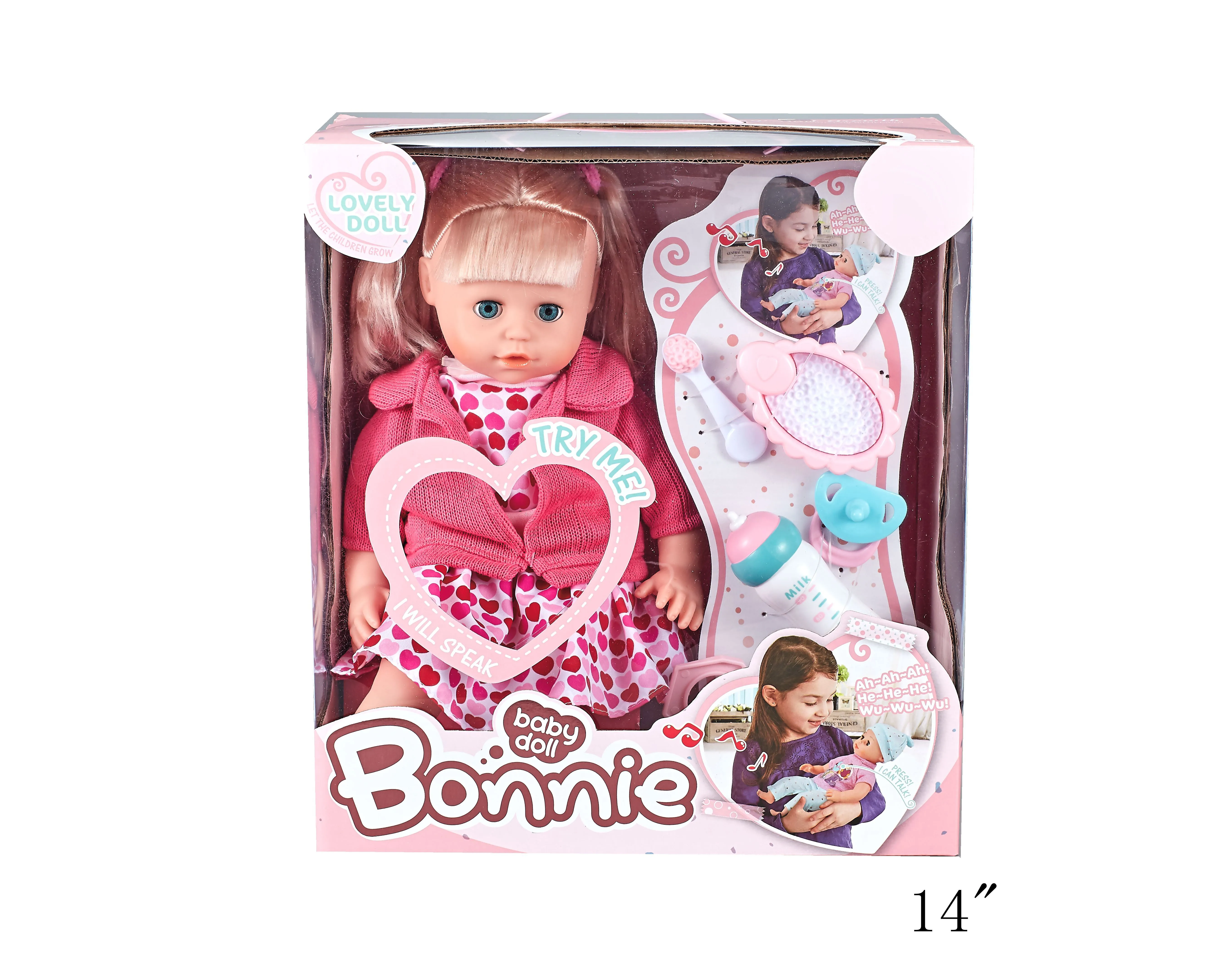 Wholesale cute baby boy doll cotton body with 12 sounds IC and feeding bottle toy set for kids