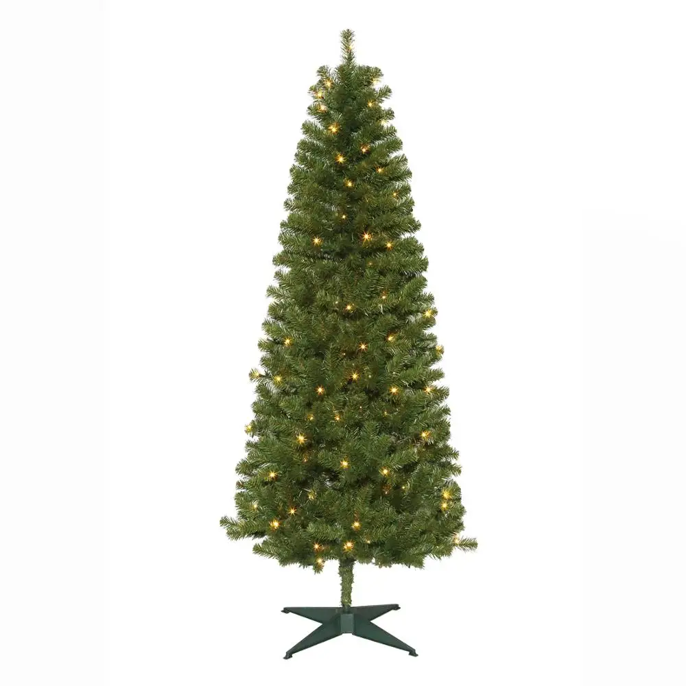 6.5ft pre-lit snowing PVC artificial tree flocked Xmas slim tree with LED Christmas decorations pencil Christmas tree
