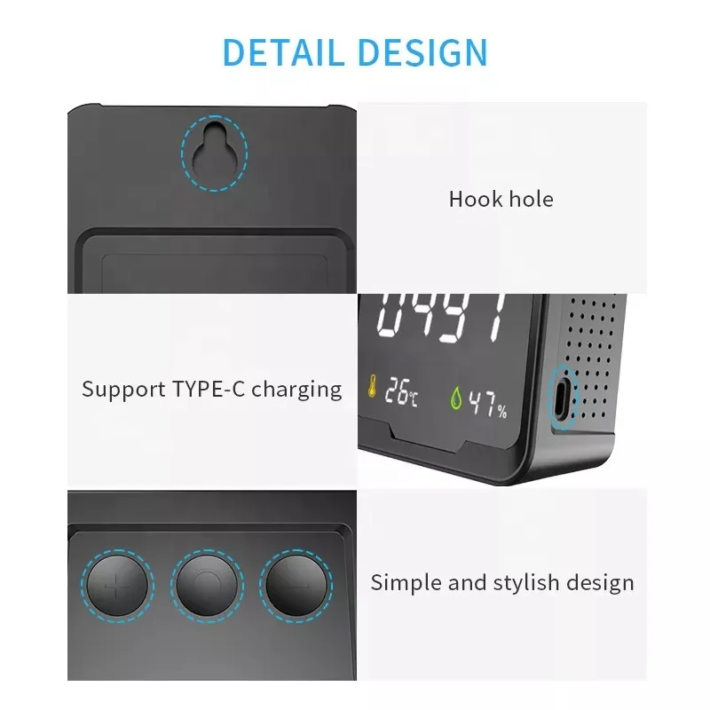 PTH-9C CO2 Detector NDIR 2400mAh Rechargeable Air Quality Monitor Carbon Dioxide Monitoring with Alarm and Low Power Remind