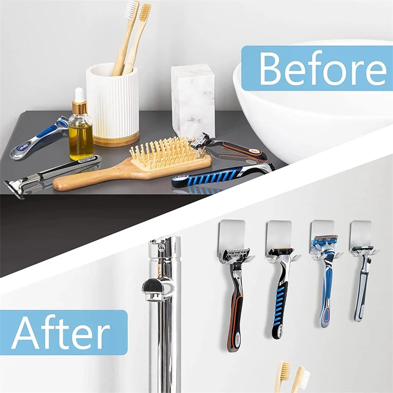 Stainless Steel Shaving Razor Shaver Holder Hanger Wall Shelf Adhesive Hooks Storage Rack Hook for Bathroom Organizer Hanger