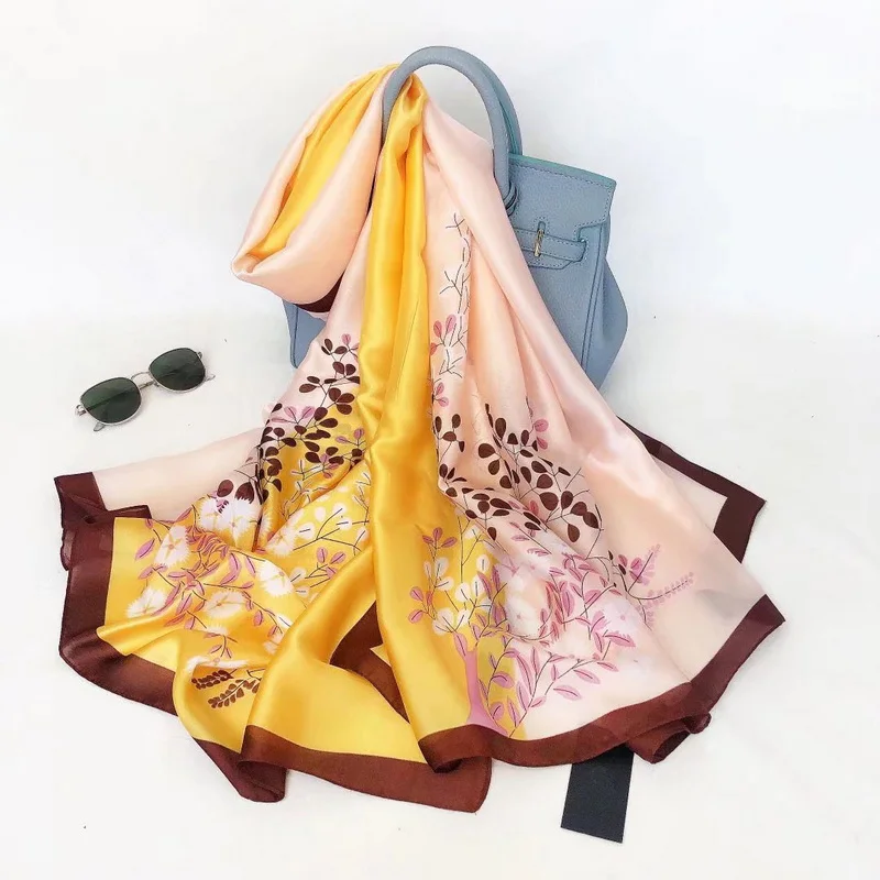 print floral branded silk feeling scarves for women satin chiffon scarf large silk scarf